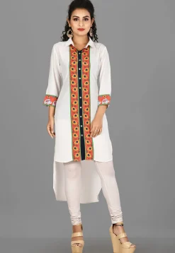 Digital Printed Crepe High Low Kurta in White