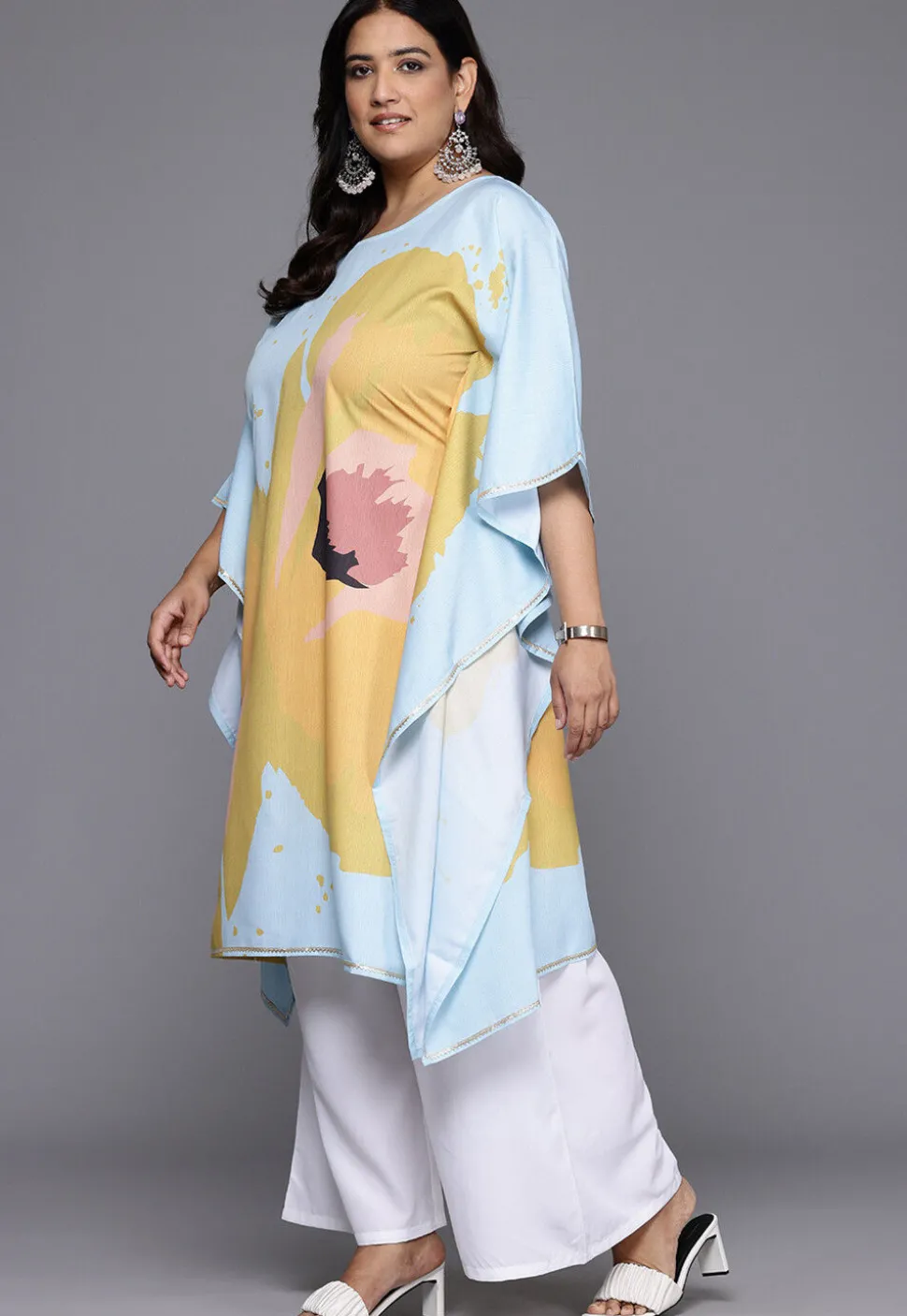 Digital Printed Crepe Kaftan Set in Sky Blue