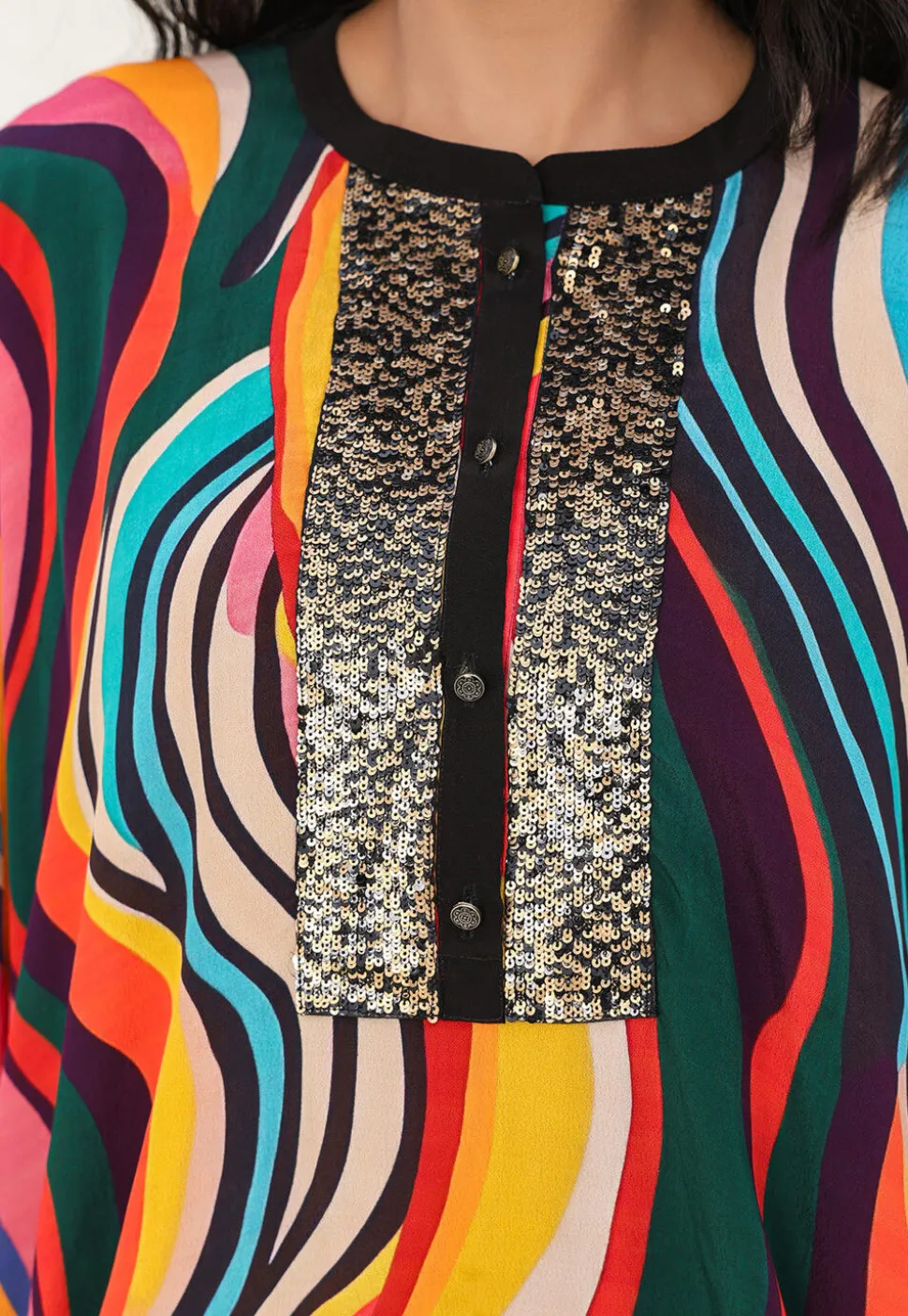 Digital Printed Crepe Kaftan Style Kurta Set in Multicolor