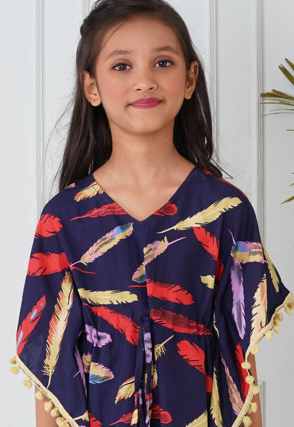 Digital Printed Crepe Kaftan Dress in Navy Blue