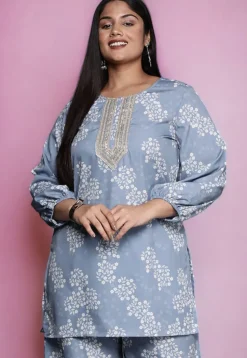 Digital Printed Crepe Kurti in Dusty Blue
