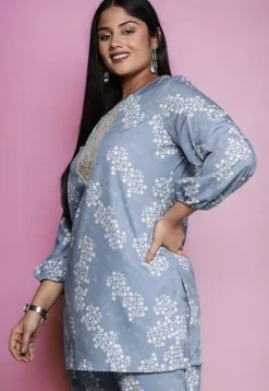 Digital Printed Crepe Kurti in Dusty Blue