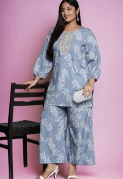 Digital Printed Crepe Kurti in Dusty Blue