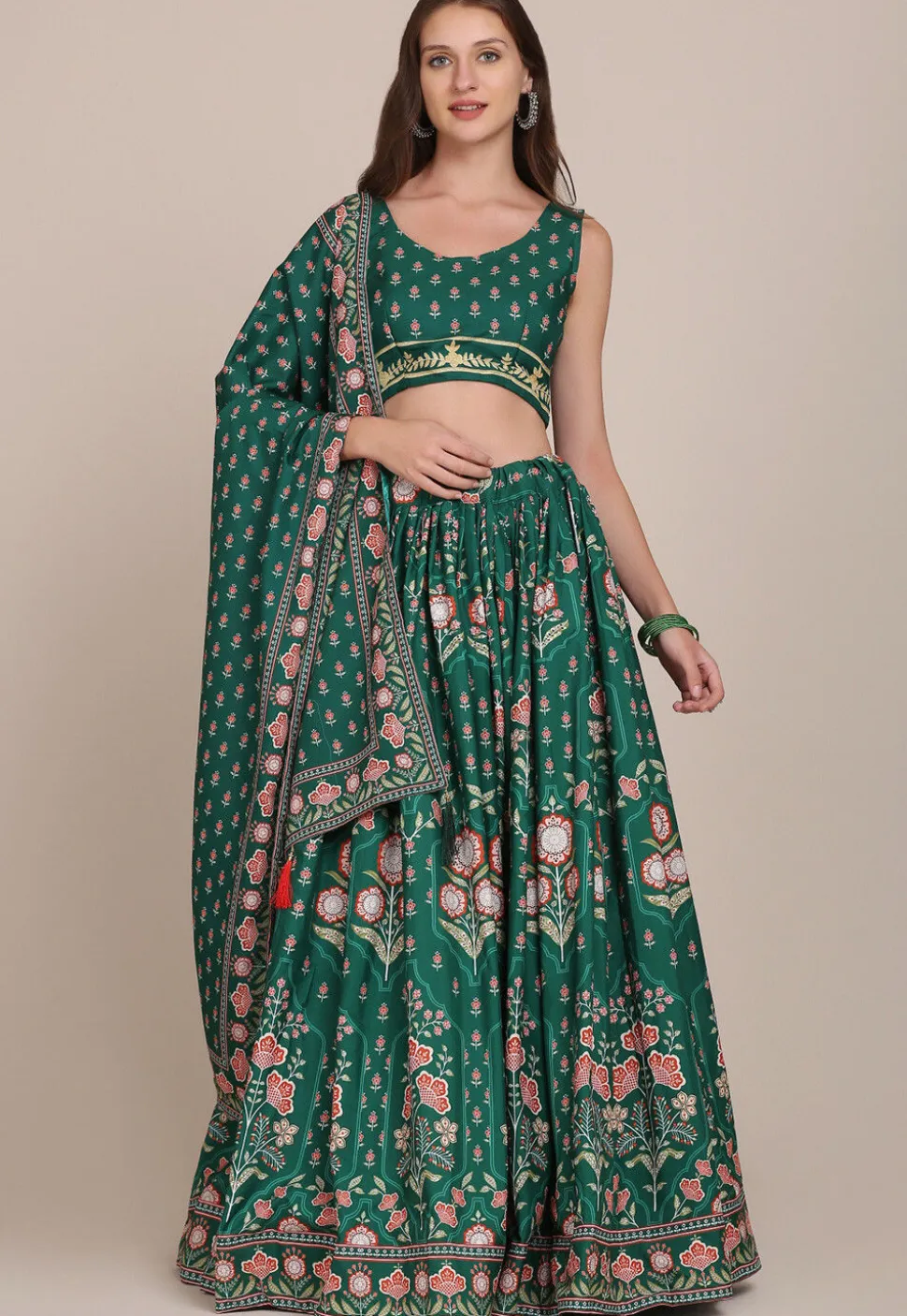 Digital Printed crepe Lehenga in Green