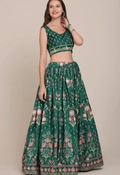 Digital Printed crepe Lehenga in Green
