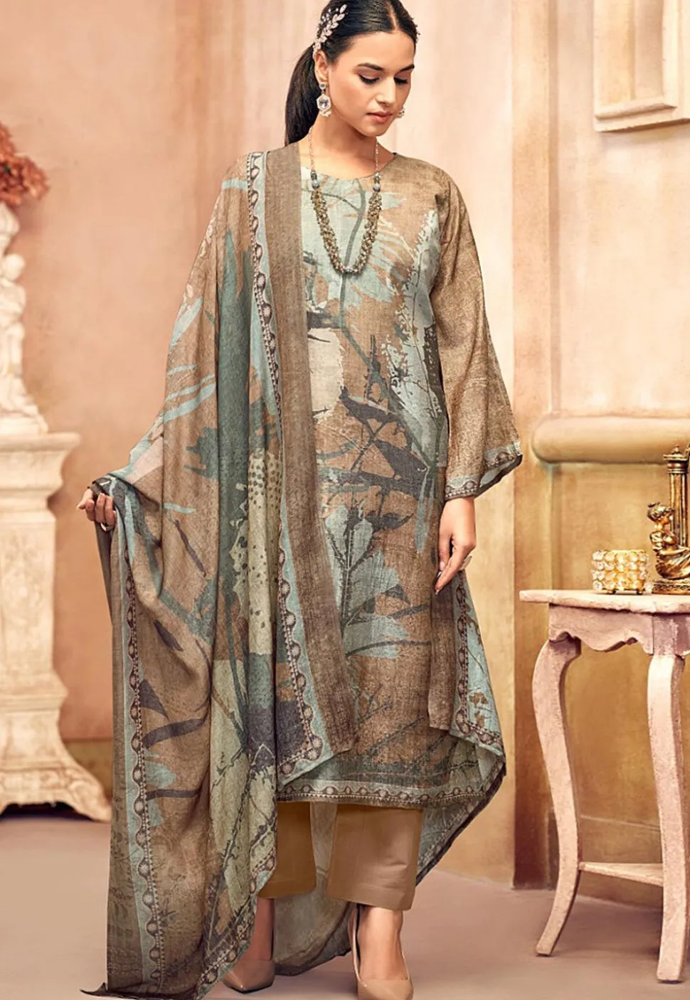 Digital Printed Crepe Pakistani Suit in Light Brown