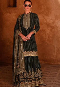 Digital Printed Crepe Pakistani Suit in Black