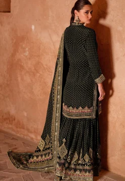 Digital Printed Crepe Pakistani Suit in Black