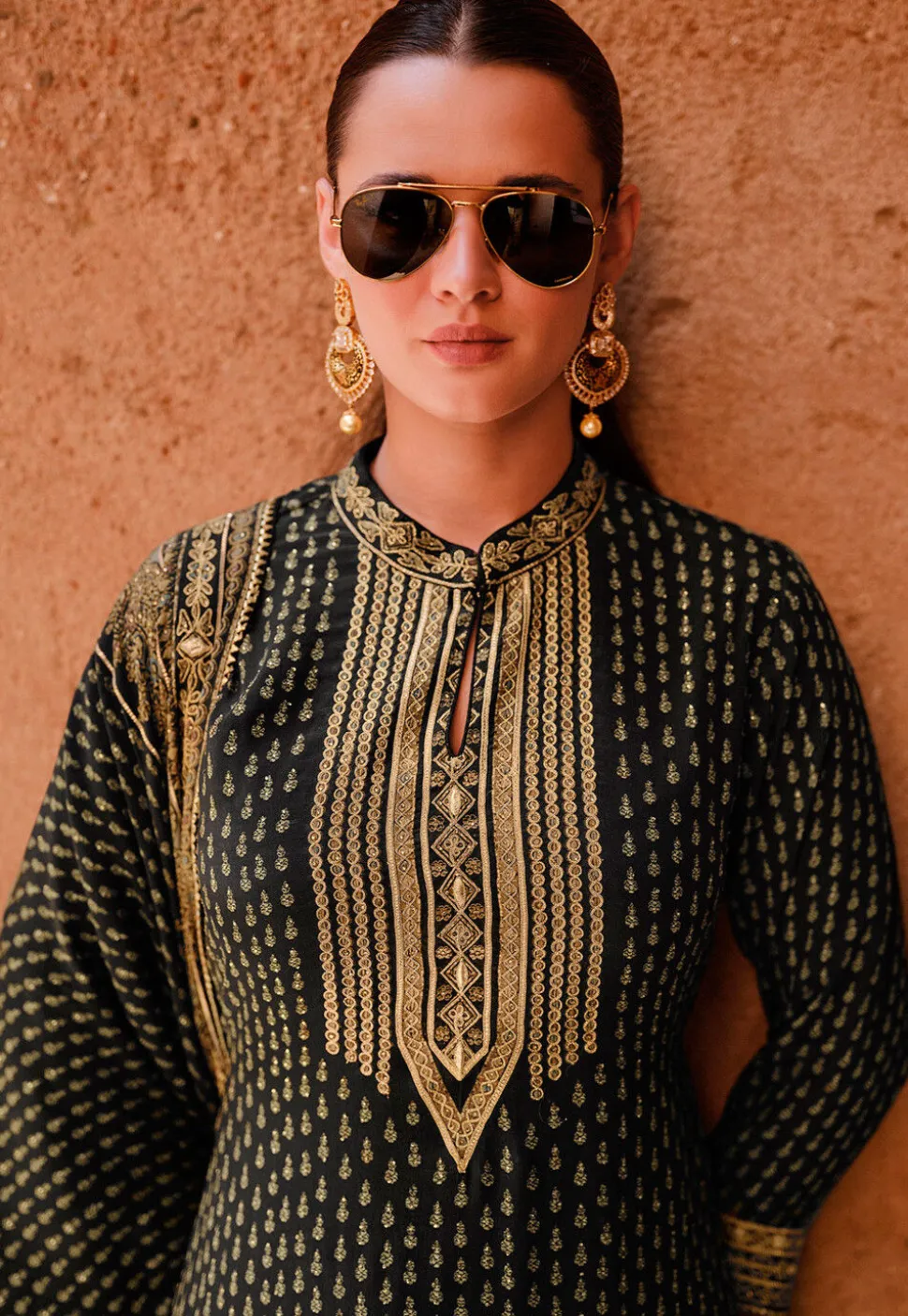 Digital Printed Crepe Pakistani Suit in Black