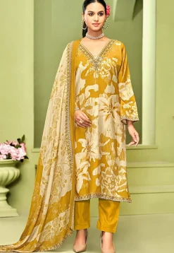 Digital Printed Crepe Pakistani Suit in Mustard
