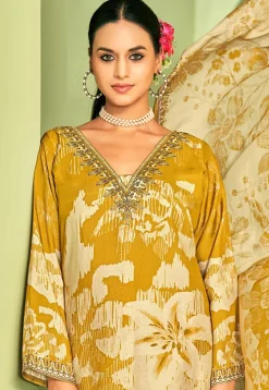 Digital Printed Crepe Pakistani Suit in Mustard