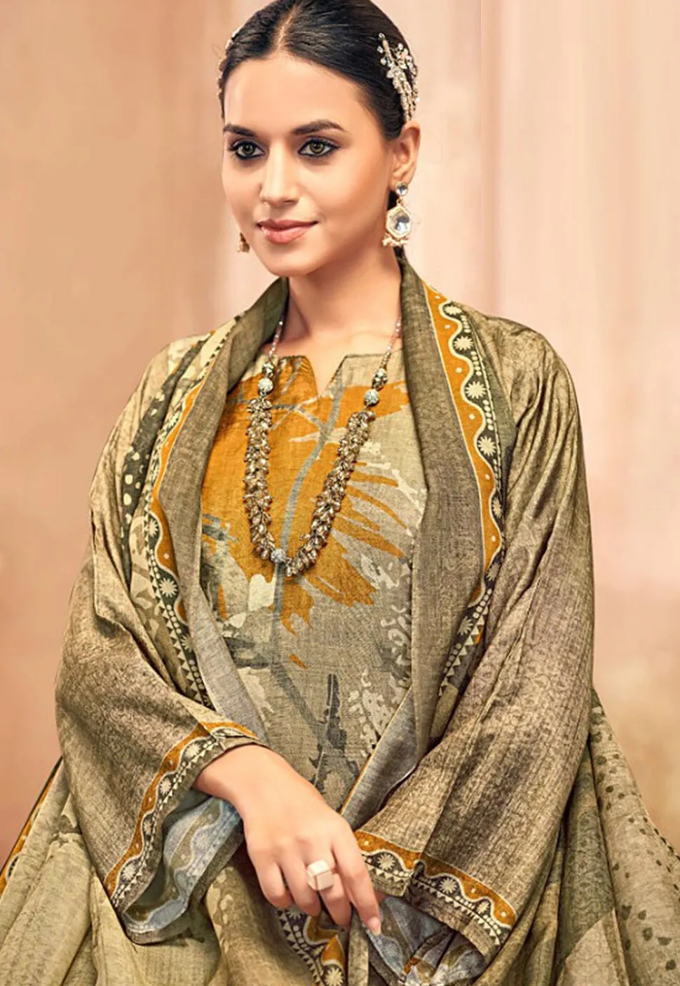 Digital Printed Crepe Pakistani Suit in Beige