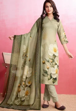 Digital Printed Crepe Pakistani Suit in Dark Olive Green