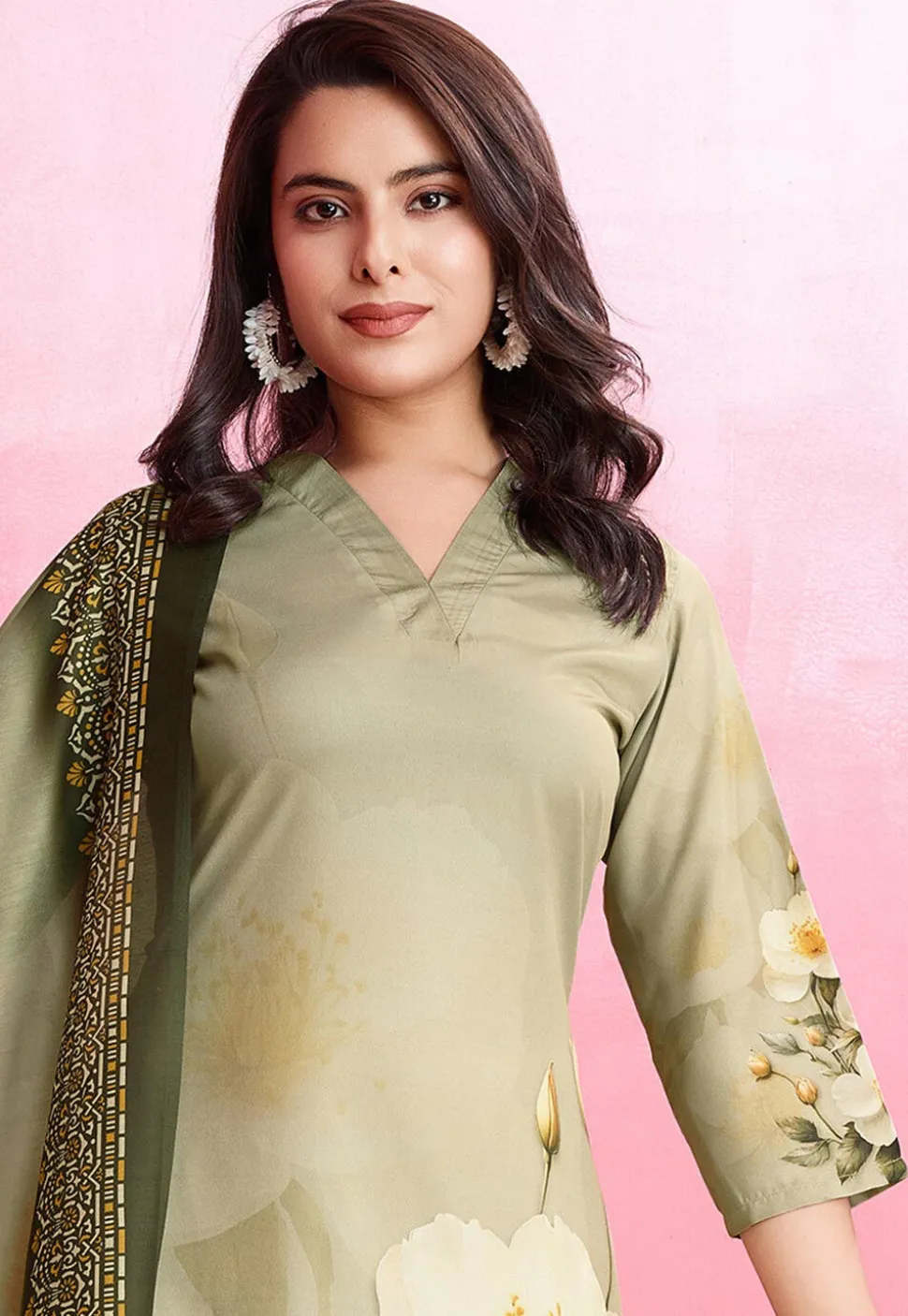 Digital Printed Crepe Pakistani Suit in Dark Olive Green