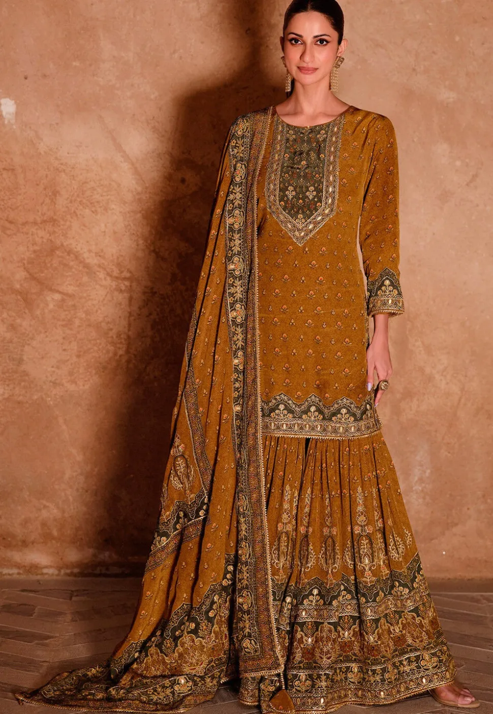Digital Printed Crepe Pakistani Suit in Mustard