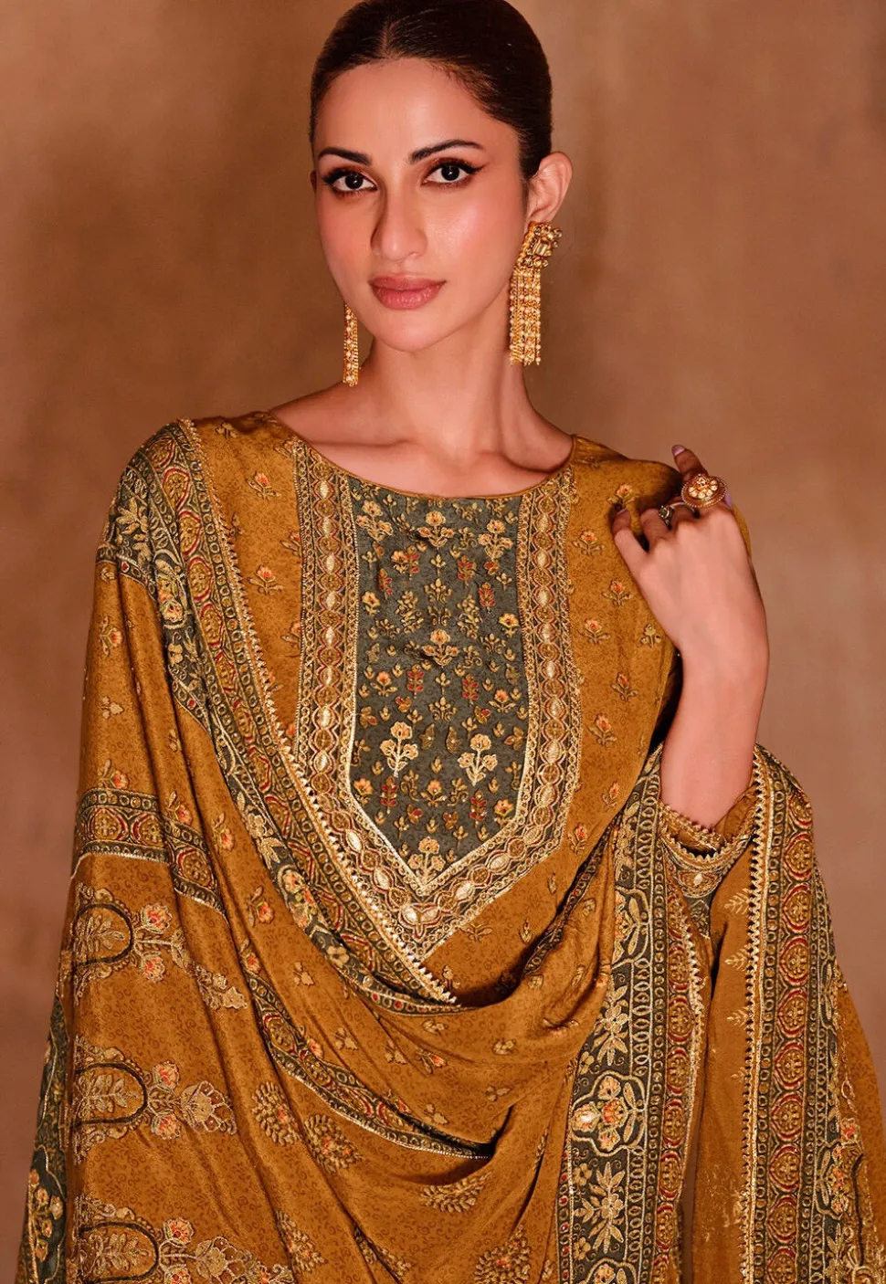 Digital Printed Crepe Pakistani Suit in Mustard