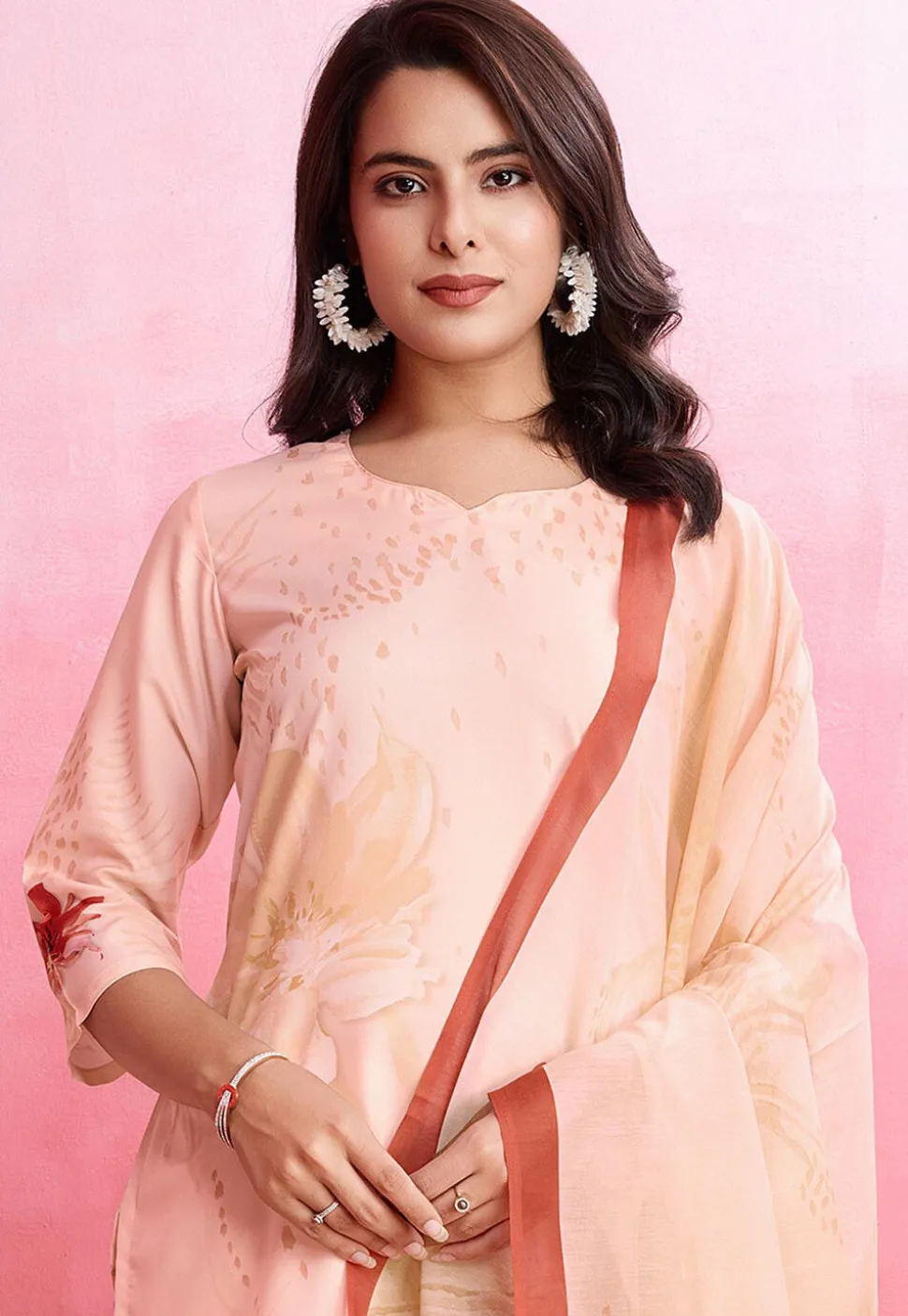 Digital Printed Crepe Pakistani Suit in Peach