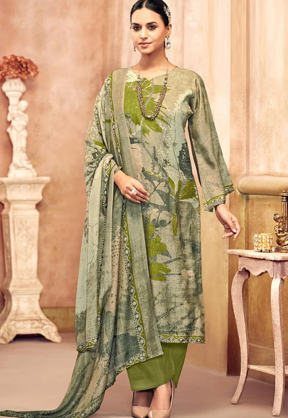 Digital Printed Crepe Pakistani Suit in Dusty Green