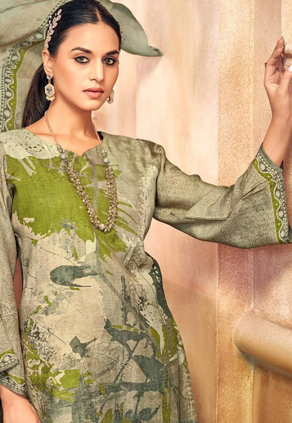 Digital Printed Crepe Pakistani Suit in Dusty Green
