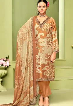 Digital Printed Crepe Pakistani Suit in Brown