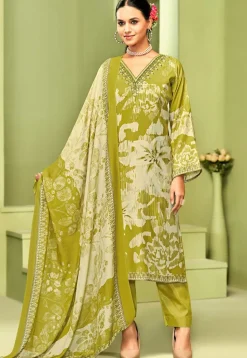 Digital Printed Crepe Pakistani Suit in Light Green