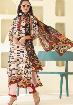 Digital Printed Crepe Pakistani Suit in Light Beige