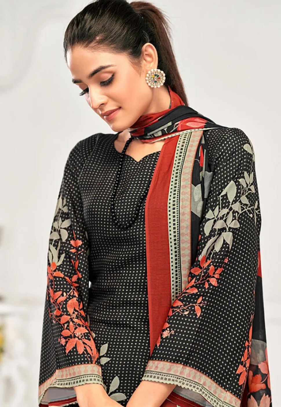 Digital Printed Crepe Pakistani Suit in Black