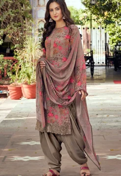 Digital Printed Crepe Punjabi Suit in Dark Beige