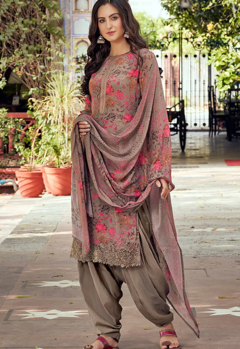 Digital Printed Crepe Punjabi Suit in Dark Beige