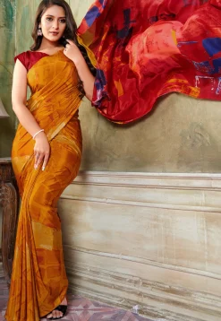 Digital Printed Crepe Saree in Mustard and Red