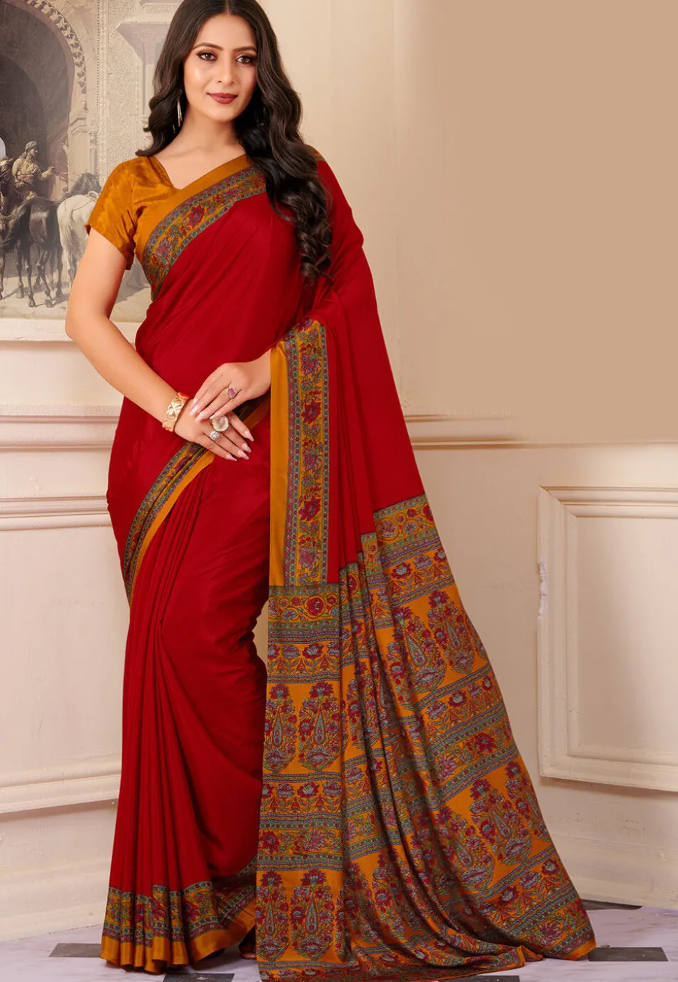 Digital Printed Crepe Saree in Red