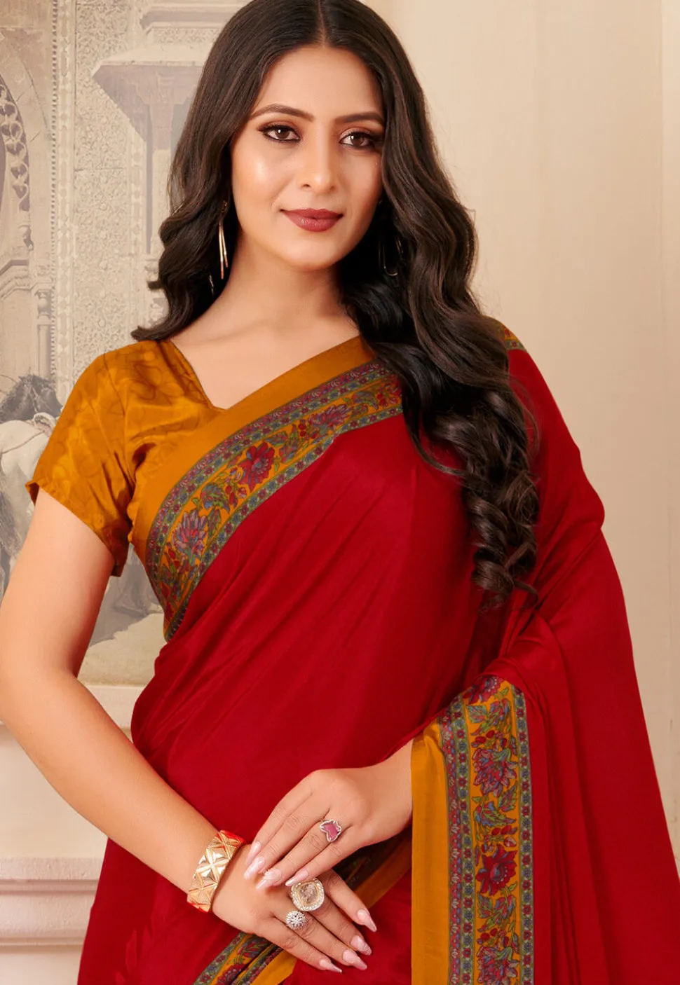 Digital Printed Crepe Saree in Red