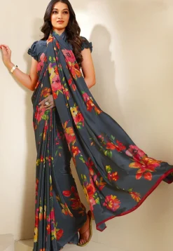 Digital Printed Crepe Saree in Grey