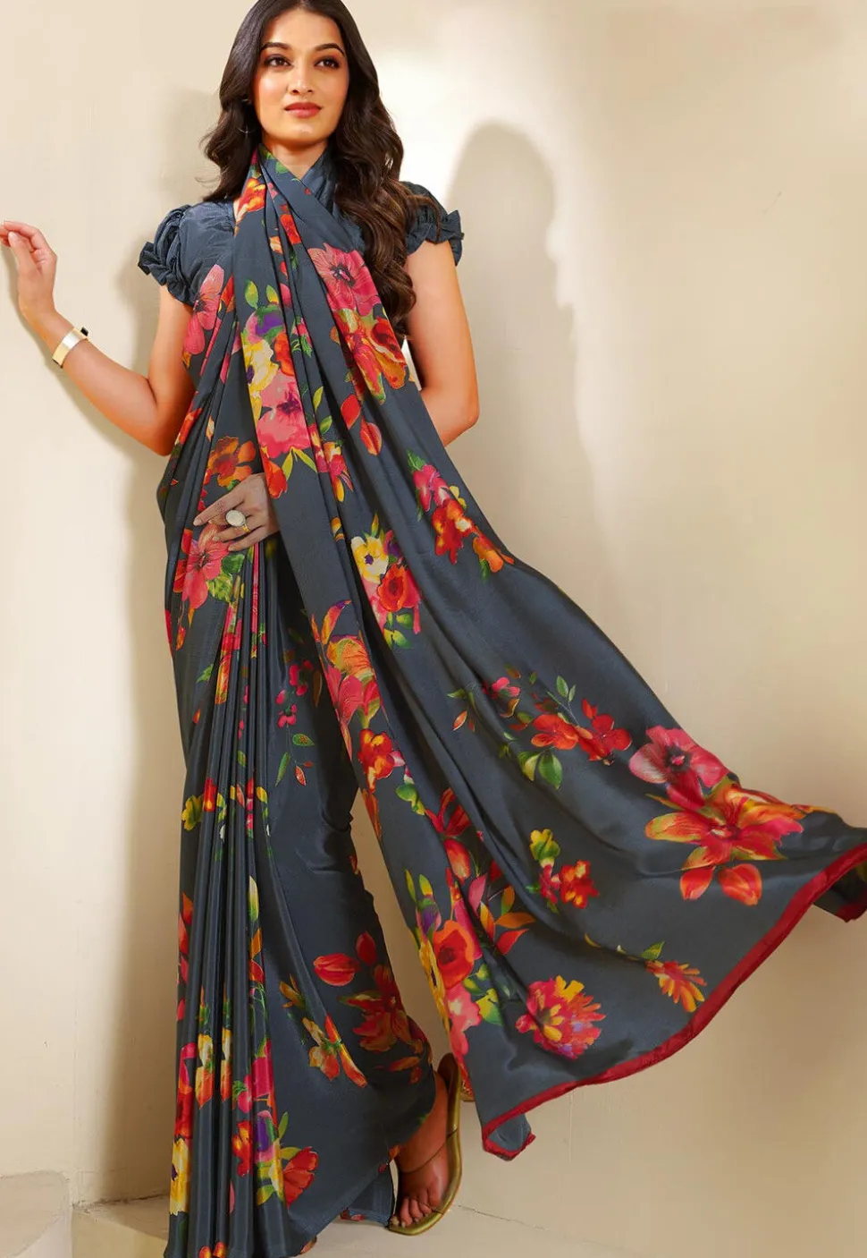 Digital Printed Crepe Saree in Grey