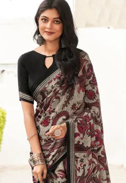 Digital Printed Crepe Saree in Grey
