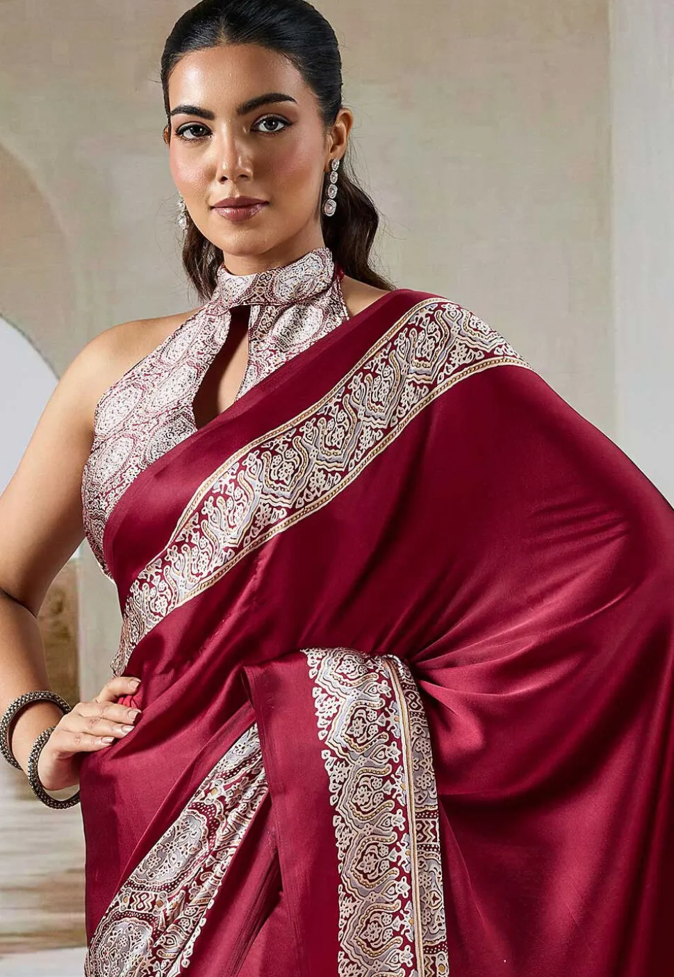Digital Printed Crepe Saree in Maroon