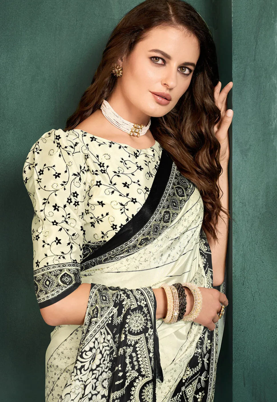 Digital Printed Crepe Saree in Off White