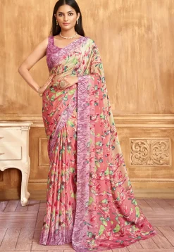 Digital Printed Crepe Saree in Peach