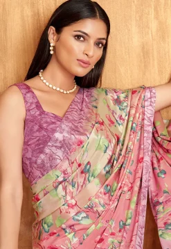 Digital Printed Crepe Saree in Peach
