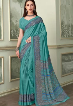 Digital Printed Crepe Saree in Teal Green
