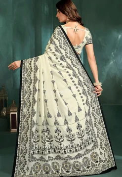 Digital Printed Crepe Saree in Off White