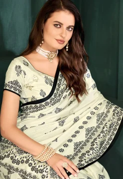 Digital Printed Crepe Saree in Off White