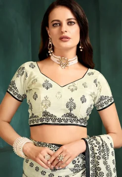 Digital Printed Crepe Saree in Off White