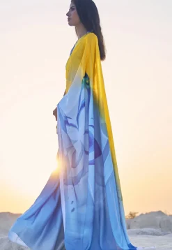 Digital Printed Crepe Saree in Shaded Blue and Yellow