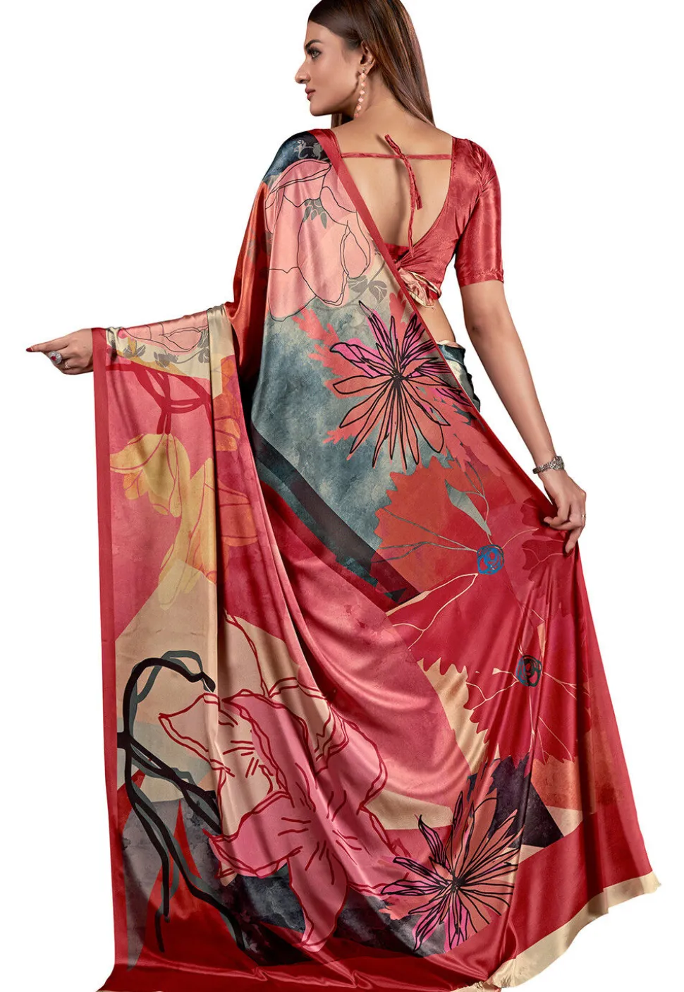 Digital Printed Crepe Saree in Grey and Pink
