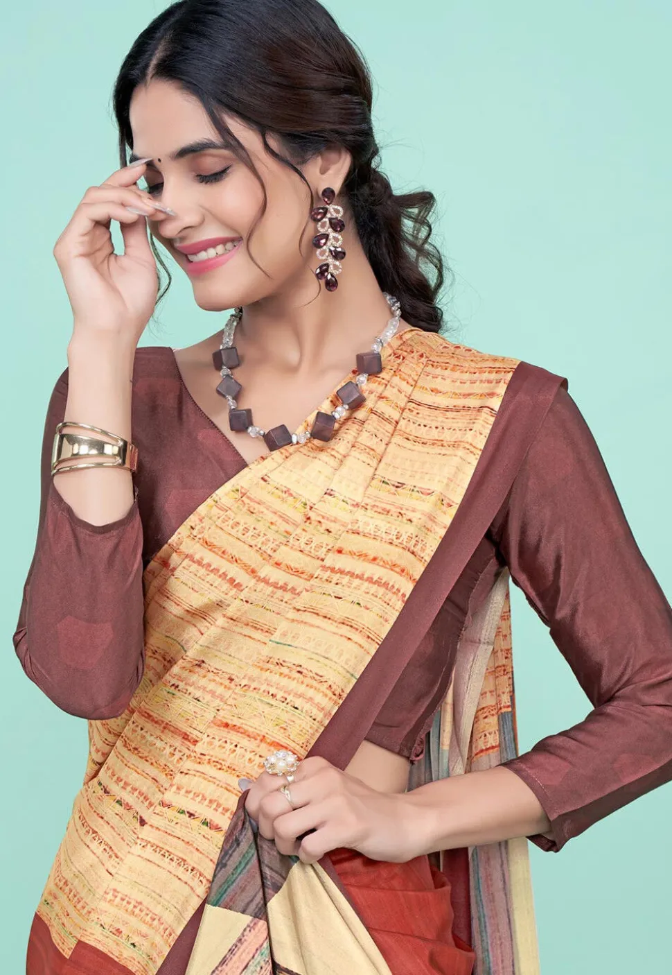 Digital Printed Crepe Saree in Beige
