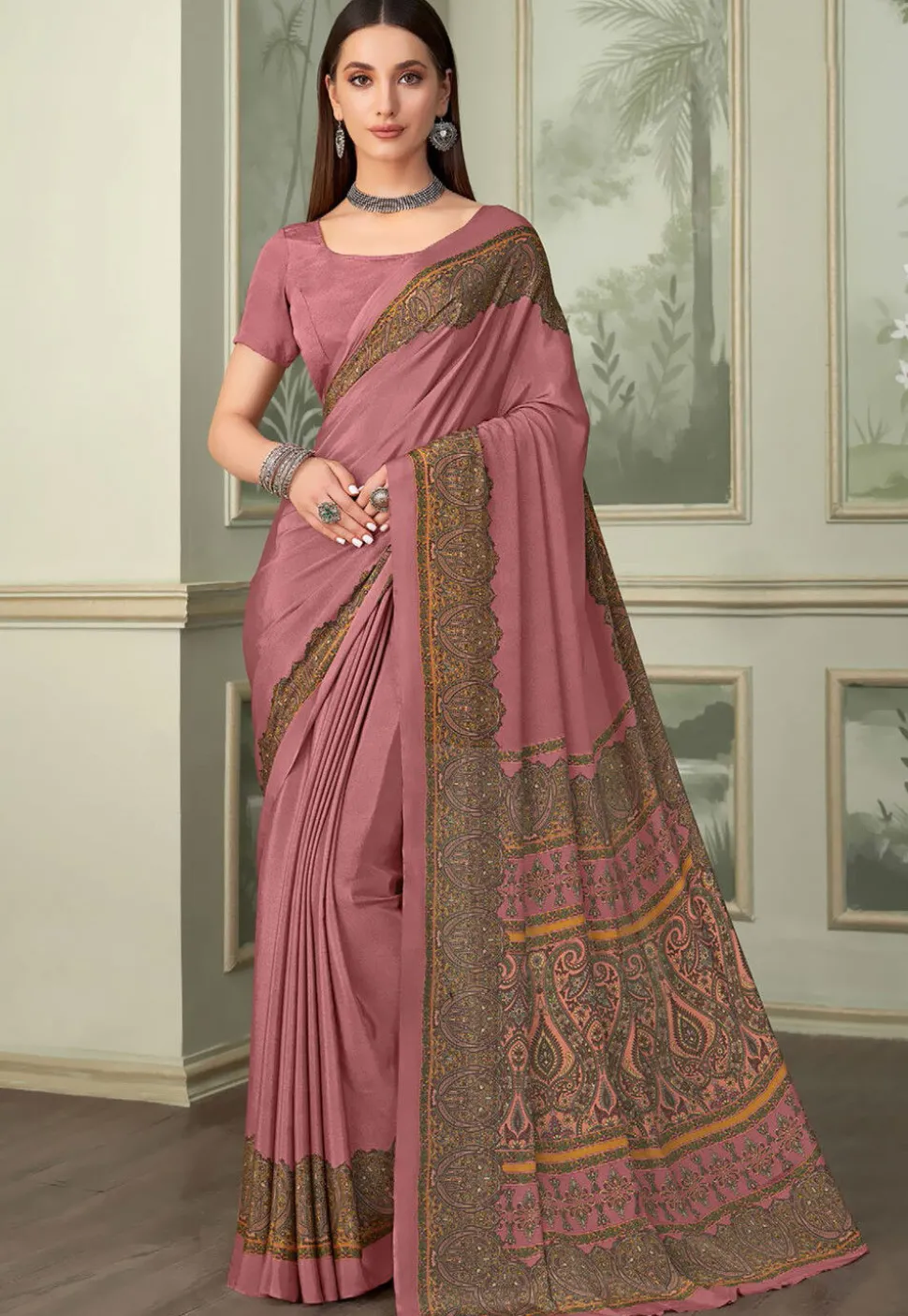 Digital Printed Crepe Saree in Pink
