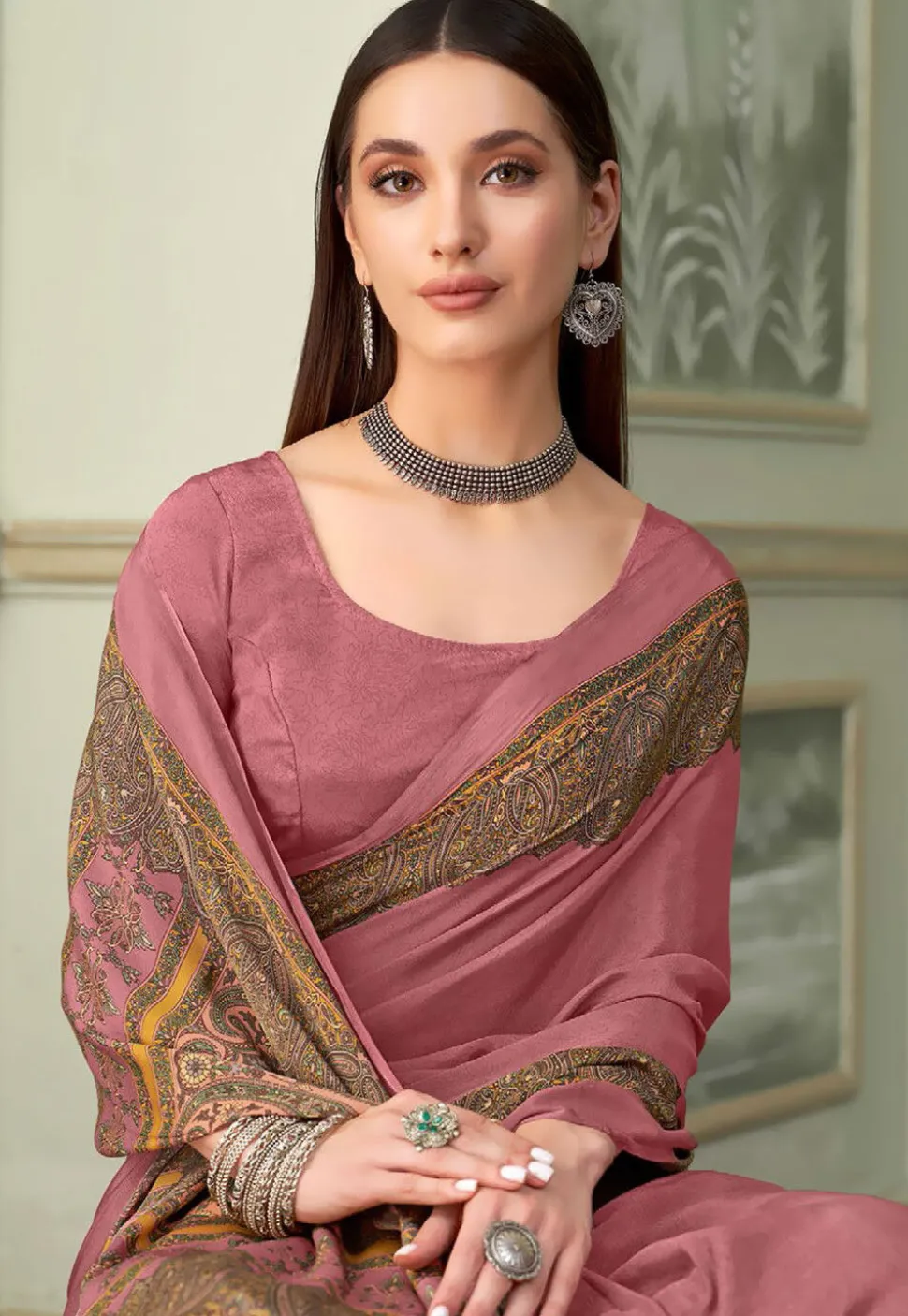 Digital Printed Crepe Saree in Pink