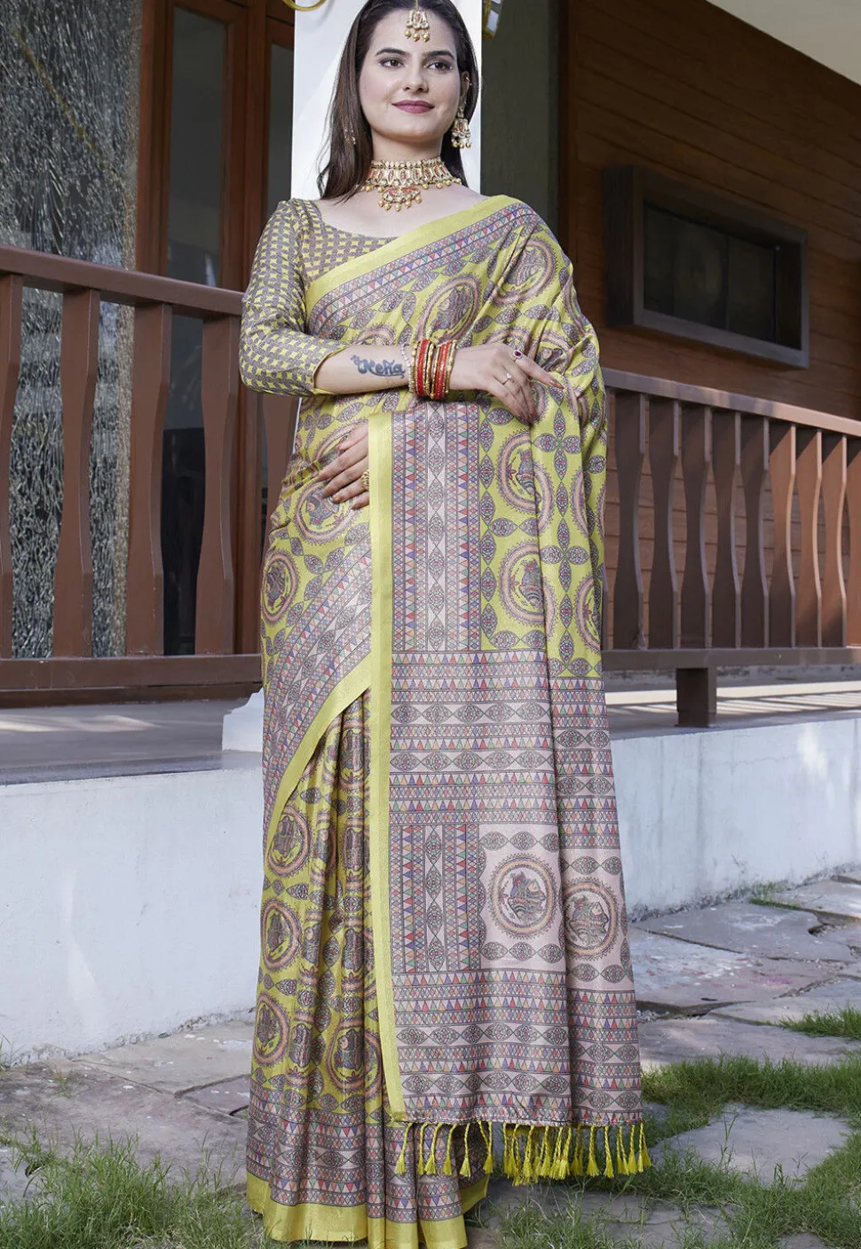 Digital Printed Crepe Saree in Light Green