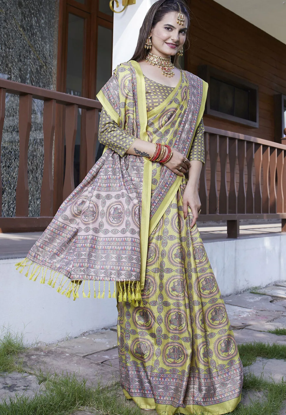 Digital Printed Crepe Saree in Light Green